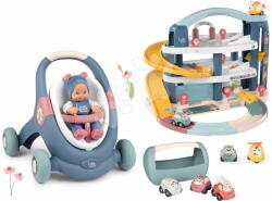 Smoby Set premergător didactic și cărucior cu garaj Baby Walker 3în1 + Baby Doll Little Smoby cu păpușă de 30 cm și valiză cu mașinuțe (SM140308-7)
