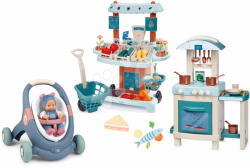 Smoby Set premergător didactic și cărucior și bucătărie Baby Walker 3în1 + Baby Doll Little Smoby cu păpușă de 30 cm și magazin (SM140308-9)