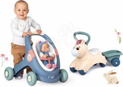 Smoby Set premergător didactic și cărucior cu păpușă Baby Walker 3în1 + Baby Doll Little Smoby și babytaxiu cu remorcă Pony (SM140308-3)