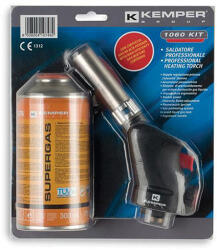 KemperGroup Forrasztólámpa, Kemper 1060KIT Superkit, fekete, piezo gyújtás, dőlésgátló rendszer, állítható láng, 7/16-os csatlakozás, menetes gázpatronos (175 g) (TC217402)