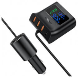 ACEFAST szivargyújtós autós töltő, fekete (90W, 5A, 3 x USB-A, 1 x USB-C, 90cm)