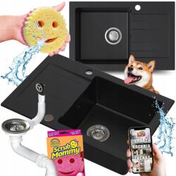  Gránit Mosogató Egymedencés Fekete Matt Csepegtetővel Ezüst Szifon (KIL.C.1KKO)