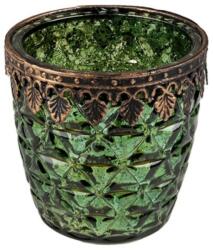 Clayre & Eef Antikolt zöld üveg mécsestartó bronzos fémdíszítéssel, 9x9cm