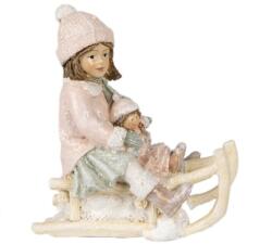 Clayre & Eef Rózsaszín ruhás kislány babával, szánon