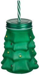 Housevetta Karácsonyi üveg pohár szívószállal és tetővel, zöld fenyő, 530 ml (H89354)