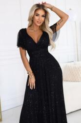 Numoco 635-2 Melania hosszú fényes ruha nyakkivágással és rövid ujjú fekete (NUM-635-2-UNI)