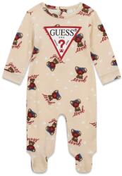 Guess Бежов ромпър за новородено бебе покрит с цветни мечета и червено лого Guess