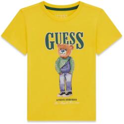 GUESS Жълта тениска за мини момче с голямо цветно мече и зелен надпис Guess