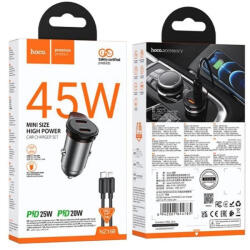 hoco. Incarcator Auto Hoco NZ16B, 45W Power Delivery, 2x Porturi USB-C, Cablu Lightning 1m Inclus, Incarcare Rapida, Design Metalic, Gri (644785-42)