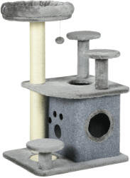 PawHut macskafa plüss fekhellyel és házzal, szizál oszlopok, 60x48x92 cm, szürke