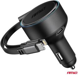 AMiO Szivargyújtó Töltő Usb-C - Lightning, behúzható, 60W 12/24V AMIO 04370