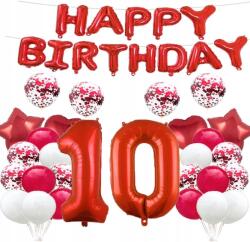  Nagy Lufik szett Happy Birthday 10. születésnap Piros 34 részes