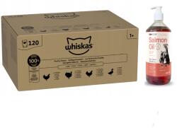  marka niezdefiniowana Whiskas Baromfilakoma 120x85g Nedves Eledel Felnőtt Macskáknak Zselés Tartalomban + Lab-V Lazacolaj 100% Minden Korú Kutyának és Macskának 1000 ml Hidegen Sajtolt