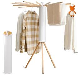 NEXTLY esernyős ruhaszárító, kompakt, ergonomikus kialakítású, összecsukható, 360°-ban visszahúzható/forgatható fakarok, nagy teherbírás, 72 cm összecsukott magasság - 125 cm nyitott magasság, fehér-barna (u Ruhaszárító