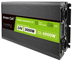 Green Cell Green Cell Autós Inverter 24V-ról 230V-ra feszültségátalakító (feszültség növelő) 3000W/6000W Tiszta szinuszhullámú, LCD Kijelzővel (GC-36660)