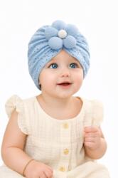 SuperBaby Caciulita bleu tip turban cu model ajurat si floare aplicata