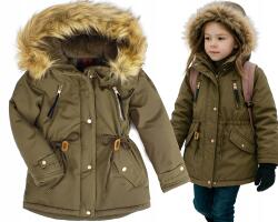  Téli kabát szőrmével, parka fazon, khaki zöld, nagyon meleg, 116-os méret (HV-930B)