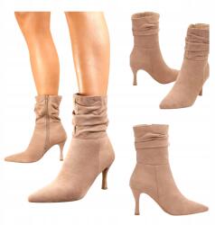 Seastar Női Magassarkú Csizmák Magasszárú Bőr Velúr Cipzár Bézs R 39 (8746 beżowe na zamek ocieplane skórzane zamsz)