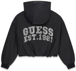 GUESS Преходно късо черно яке за момиче с качулка и голям надпис на гърба Guess