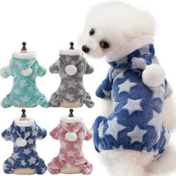  Kutyaruha - Puha, bundás, meleg kutyaoverál - overall - Kezeslábas - Kapucnival, csillag mintával 4 választható színben - L - szürke