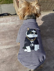  Kutyaruha - Fekete - Fehér Csíkos Kutyapóló, menő cica mintával - S