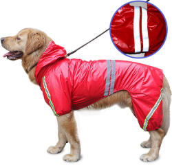  Kutyaruha - Kutyaesőkabát - Kutya esőkabát fényvisszaverő csíkkal (nagy kutyáknak is) - Piros színben - XL