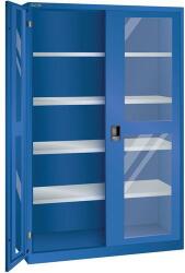 Lista műhelyszekrény polcokkal, 1250x500x1950 mm, plexi ajtók, fluoreszkáló kék