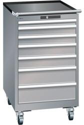 Lista mobil műhelyfiókos szekrény, 7 fiók = 1x50 + 2x75 + 2x100 + 2x150mm, 564x725x990mm, szürke/ezüst