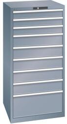 Lista műhelyfiókos szekrény, 9 fiók = 3 x 100 / 5 x 150 / 1 x 300 mm, 717x725x1450 mm, teherbírás 200 kg, sötétszürke