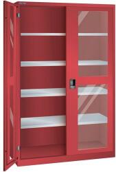 Lista műhelyszekrény polcokkal, 1250x400x1950mm, plexi ajtók, piros