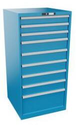 Lista műhelyfiókos szekrény, 9 fiók = 3 x 100 / 5 x 150 / 1 x 300 mm, 717x725x1450 mm, teherbírás 200 kg, világoskék