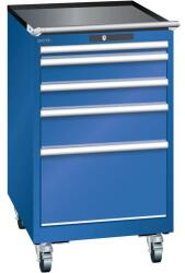 Lista mobil műhelyfiókos szekrény, 5 fiók = 1x50 + 2x100 + 1x150 + 1x300mm, 564x725x990mm, rikítókék