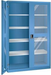 Lista műhelyszekrény polcokkal, 1250x580x1950 mm, plexi ajtók, kék