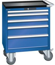 Lista mobil műhelyfiókos szekrény, 5 fiók = 1x50 + 2x100 + 1x150 + 1x200mm, 717x572x962mm, rikítókék
