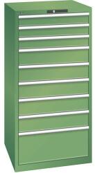 Lista műhelyfiókos szekrény, 9 fiók = 3 x 100 / 5 x 150 / 1 x 300 mm, 717x725x1450 mm, teherbírás 75 kg, zöld