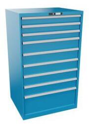 Lista műhelyfiókos szekrények, 9 fiók = 3x100mm +5x150 +1x300mm, fiók teherbírása 75kg, 870x725x1450mm, világoskék