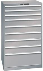 Lista műhelyfiókos szekrények, 9 fiók = 3x100mm + 5x150mm + 1x300mm, fiók teherbírás 75kg, 870x725x1450mm, szürke/ezüst