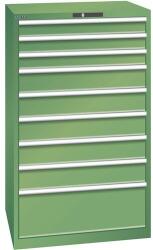 Lista műhelyfiókos szekrények, 9 fiók = 3x100mm + 5x150mm + 1x300mm, fiók teherbírás 200kg, 870x725x1450mm, zöld