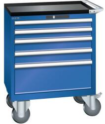 Lista mobil műhelyfiókos szekrény, 5 fiók = 2x75 + 2x100 + 1x250mm, 717x572x962mm, rikítókék
