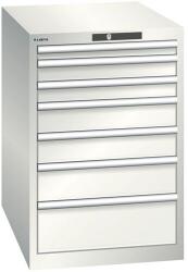 Lista műhelyfiókos szekrény, 7 fiók = 1x 50 + 2x 75 + 2x 100 + 1x 150 + 1x 200mm, 564x725x850mm, világosszürke
