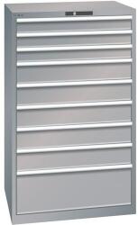 Lista műhelyfiókos szekrények, 9 fiók = 3x100mm + 5x150mm + 1x300mm, fiók teherbírás 200kg, 870x725x1450mm, szürke/ezüst