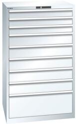 Lista műhelyfiókos szekrények, 9 fiók = 3x100mm +5x150 +1x300mm, fiók teherbírás 200kg, 870x725x1450mm, fehér