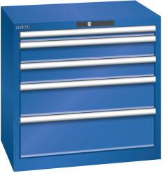 Lista műhelyfiókos szekrény, 5 fiók = 1x50 + 2x100 + 1x150 + 1x200mm, 717x572x700mm, rikítókék