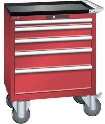 Lista mobil műhelyfiókos szekrény, 5 fiók = 1x50 + 2x100 + 1x150 + 1x200mm, 717x572x962mm, piros