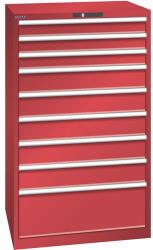 Lista műhelyfiókos szekrények, 9 fiók = 3x100mm +5x150 +1x300mm, fiók teherbírása 75kg, 870x725x1450mm, piros