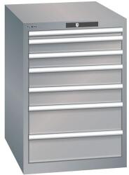 Lista műhelyfiókos szekrény, 7 fiók = 1 x 50 / 2 x 75 / 2 x 100 / 2 x 150, 564x725x800 mm, szürke/ezüst