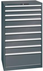 Lista műhelyfiókos szekrények, 9 fiók = 3x100mm + 5x150mm + 1x300mm, fiók teherbírás 200kg, 870x725x1450mm, fekete