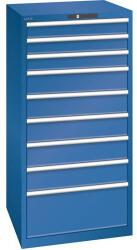 Lista műhelyfiókos szekrény, 9 fiók = 3 x 100 / 5 x 150 / 1 x 300 mm, 717x725x1450 mm, teherbírás 75 kg, sötétkék
