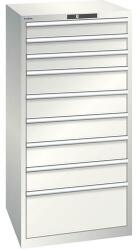 Lista műhelyfiókos szekrény, 9 fiók = 3 x 100 / 5 x 150 / 1 x 300 mm, 717x725x1450 mm, teherbírás 200 kg, világosszürke