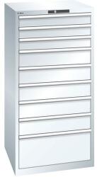 Lista műhelyfiókos szekrény, 9 fiók = 3 x 100 / 5 x 150 / 1 x 300 mm, 717x725x1450 mm, teherbírás 200 kg, fehér